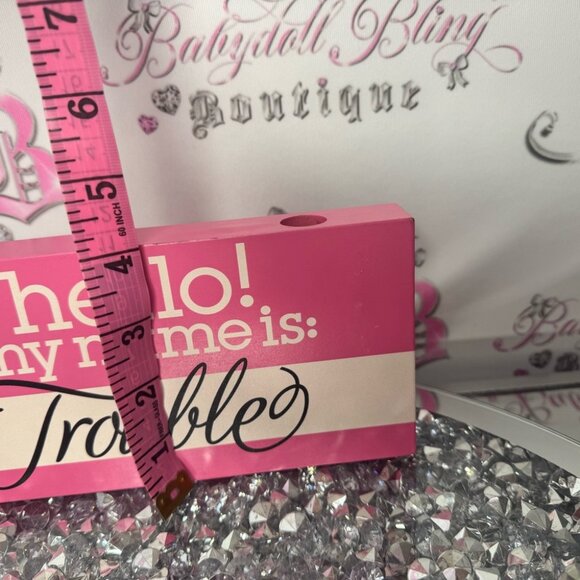 Decor wooden sign Hello my name is trouble white pink cute funny y2k home decor - Picture 5 of 8